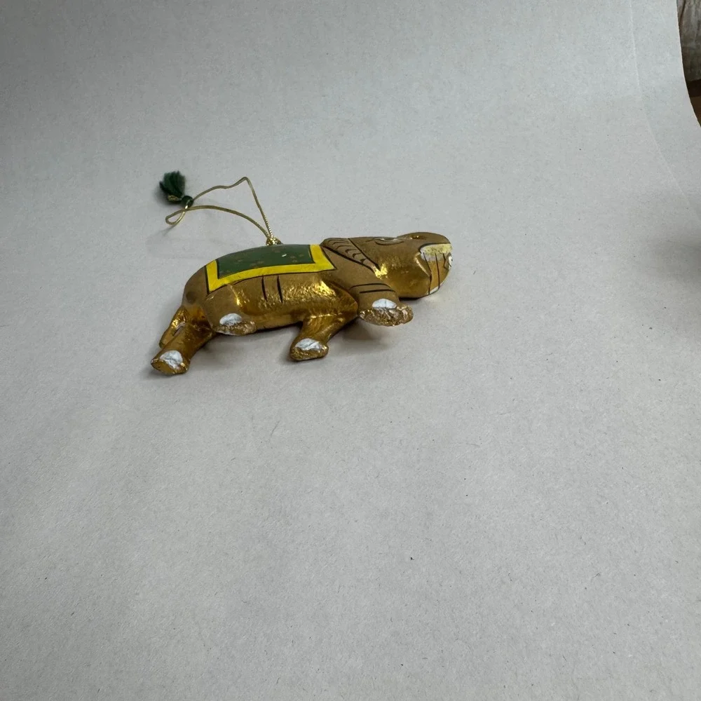 Hand Painted Gold Elephant Christmas Ornament Green Yellow Tassel‎ Hanging Decor